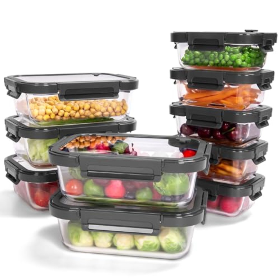 Food Storage Containers With Lids - 10-Pack Glass Food Storage Containers with