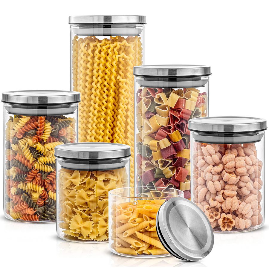 Food Storage In Stainless Steel - Kitchen Canister Set. 6 Glass Jars