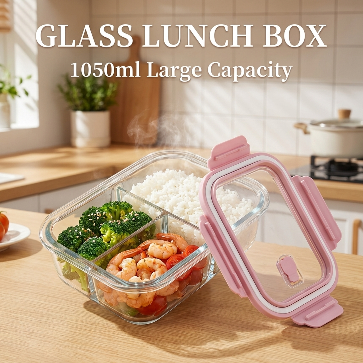 Pink Glass Lunch Box, 1050ml L - Food Storage Glass Containers Large recensie en prijs