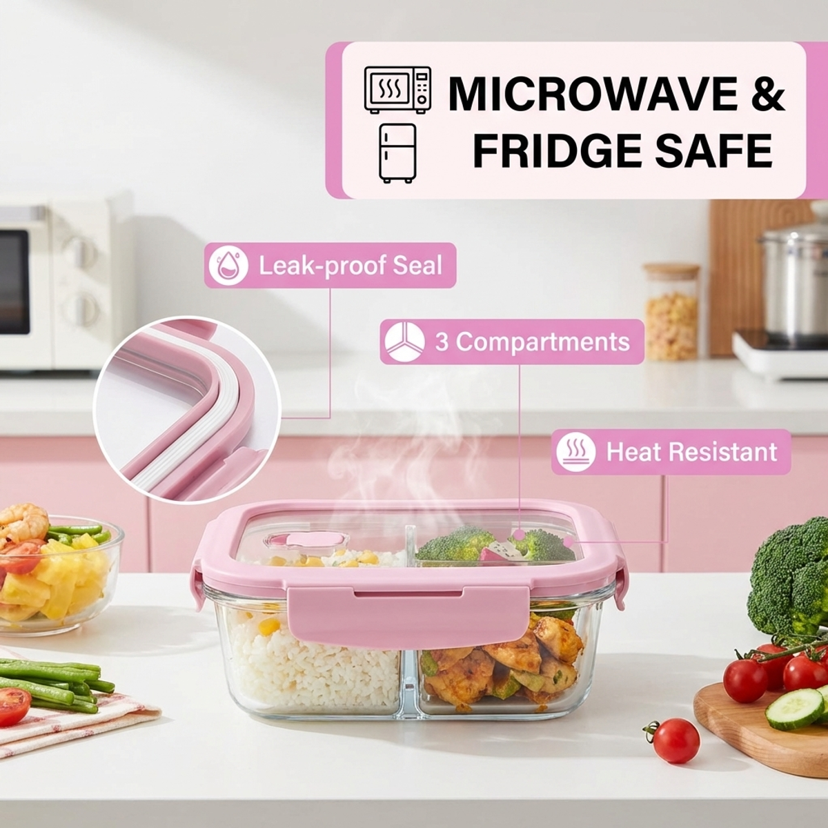 Pink Glass Lunch Box, 1050ml L - Food Storage Glass Containers Large recensie en prijs