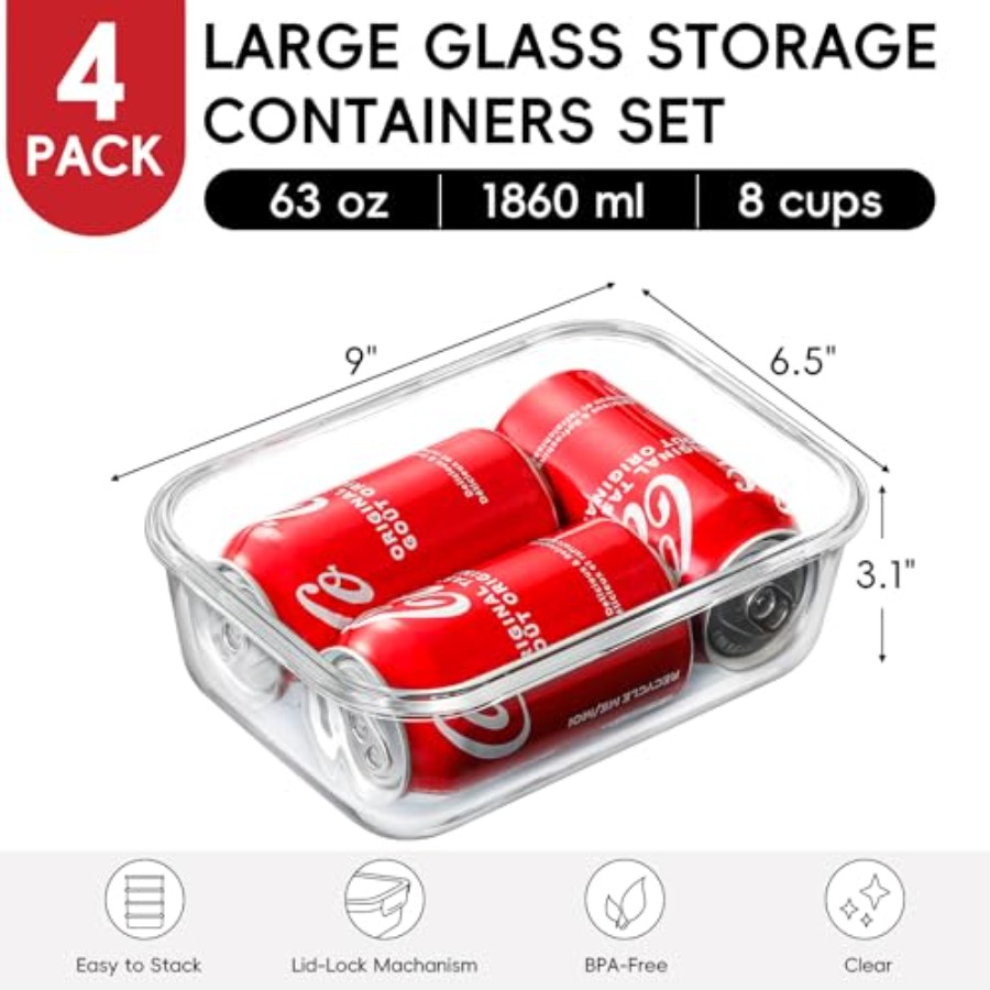 4 Pack 8 Cups/ 63oz Large Glas - Food Storage Containers With Lids recensie en prijs